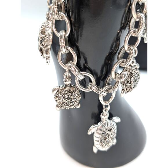 Chunky Silver Tone Marcasite Toggle Clasp Turtle Charm Bracelet - Picture 2 of 8